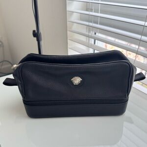 Vintage Gianni Versace Black Leather Medusa Toiletry Bag Made in Italy